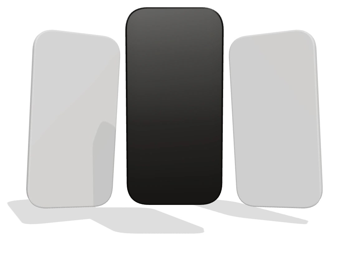 Three rounded, phone-proportioned slabs standing in a row, the centre one in the accent colour
