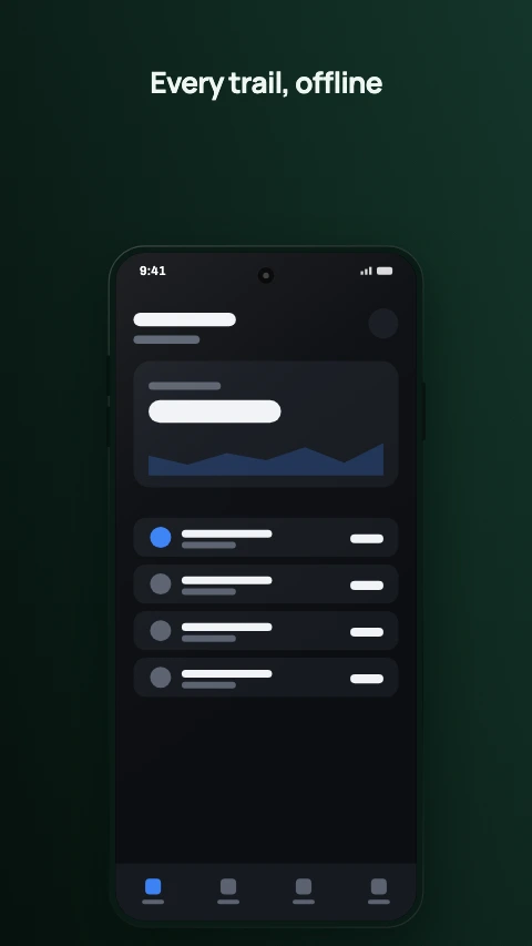 The Forest colour theme on an app screenshot - Deep green and a mint accent. Outdoors, maps, anything unplugged.